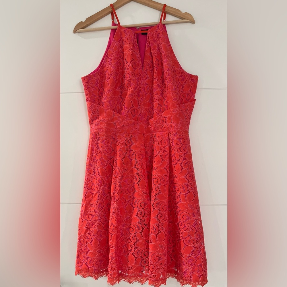 Adelyn Rae Pink and Orange Lace Renee Overlace Midi Dress in L, Strap Neckline